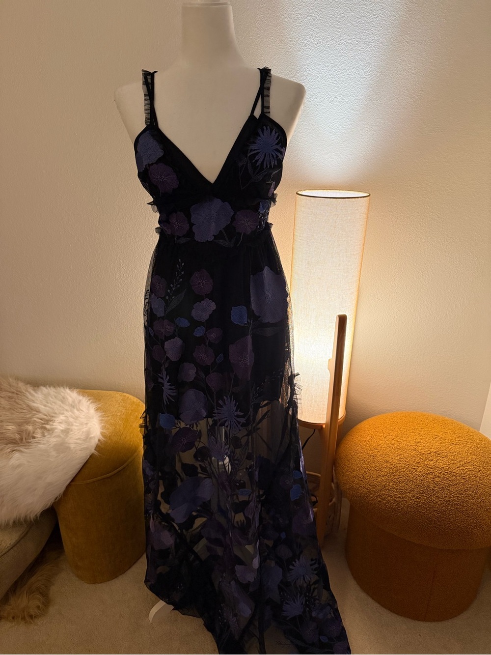 For Love & Lemons Black Maxi Dress with Purple Floral Embroidery - Picture 3 of 9